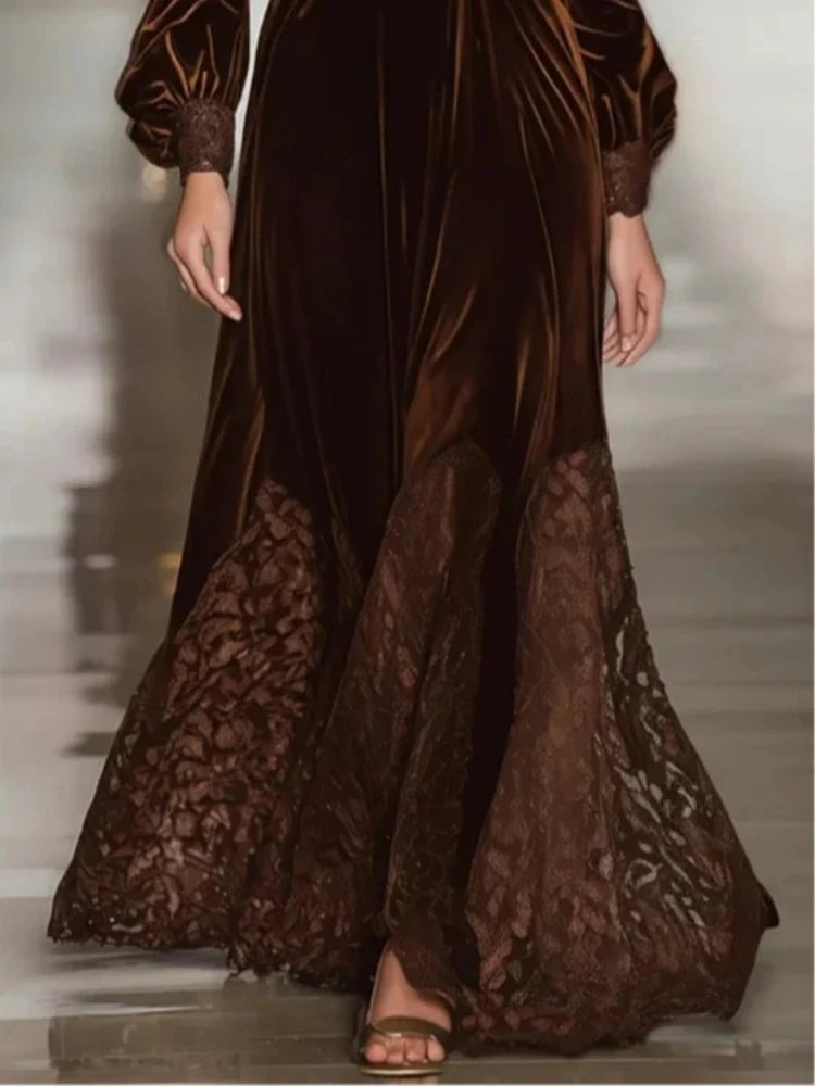 Elegant Velvet Dress for Women Spring Autumn Vintage Solid Turtleneck Lace Hem Long Dress High Waist A-line Evening Dresses