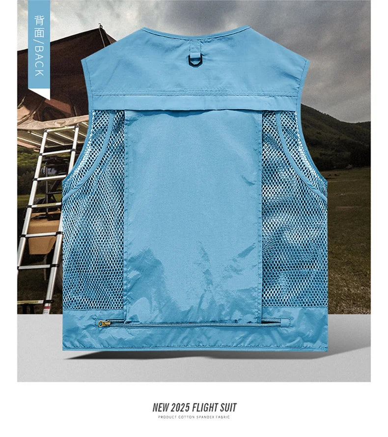 Mesh Men's Fishing Vest Multi Zip Pocket Hiking Waistcoat Male Light Thin Outdoor Sleeveless Jacket Work Summer Travel Plus Size