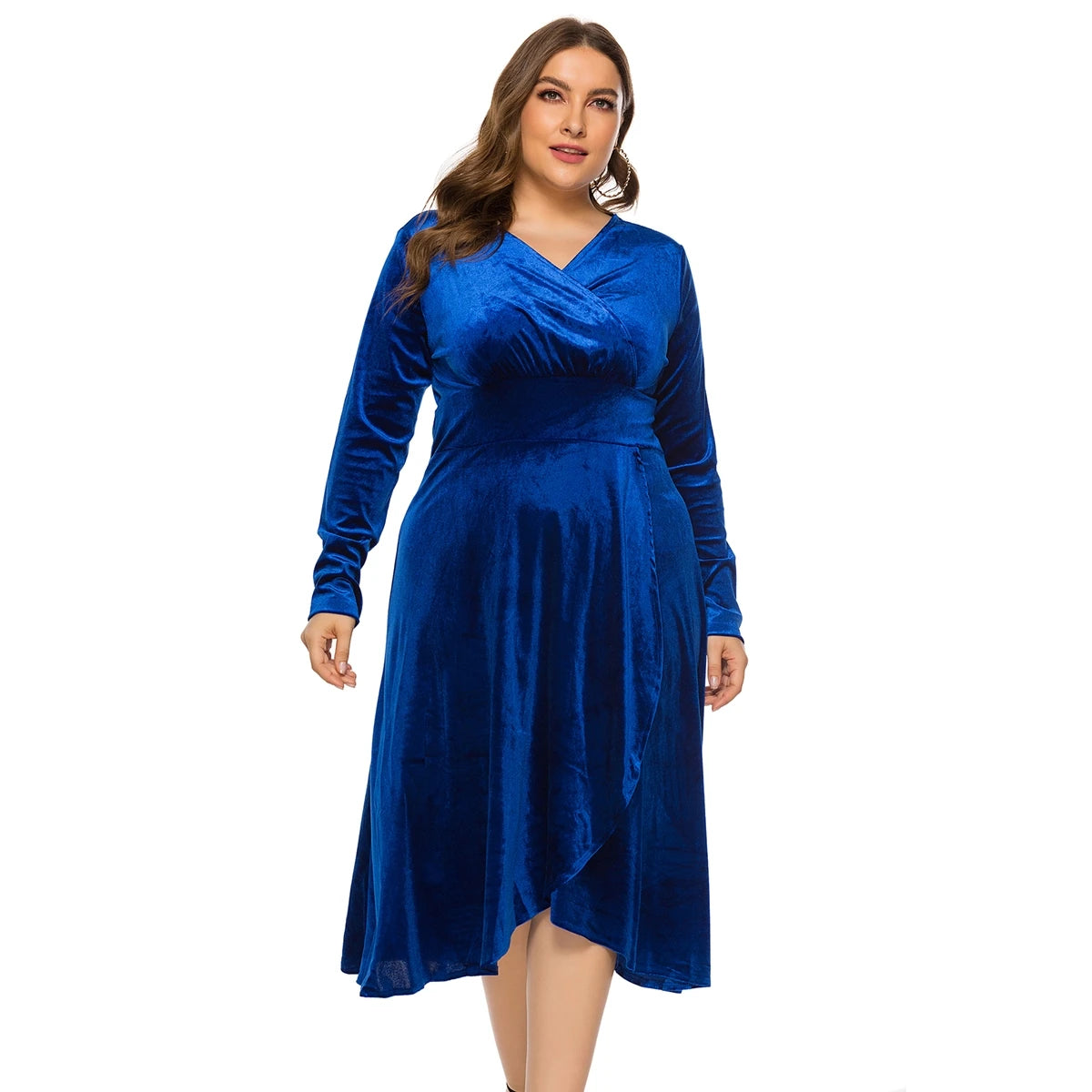 Plus Size New Arrival Fashional Long Sleeve V Neck Velvet Maxi Midi Dresses For Big Size Elegant Women
