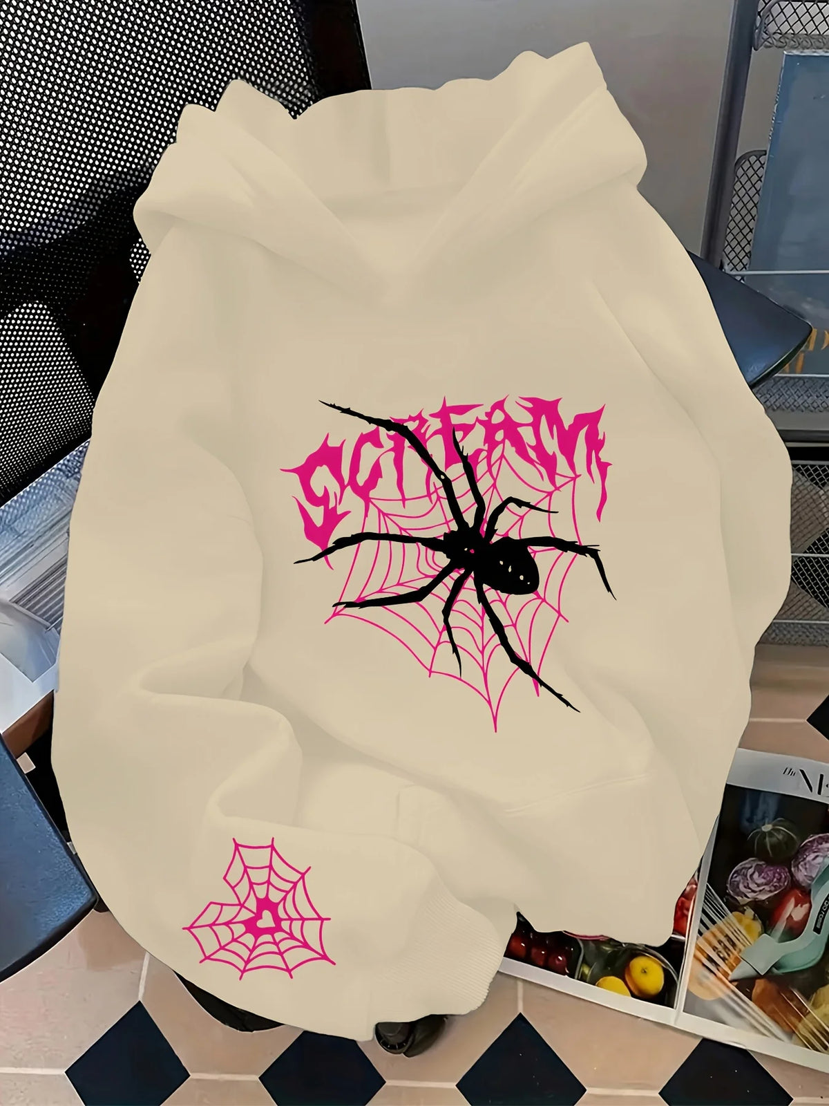 Men's Gothic Spider Print Hoodie Hip Hop Sports Casual Streetwear Pink Graffiti Pullover Sweatshirt Tops