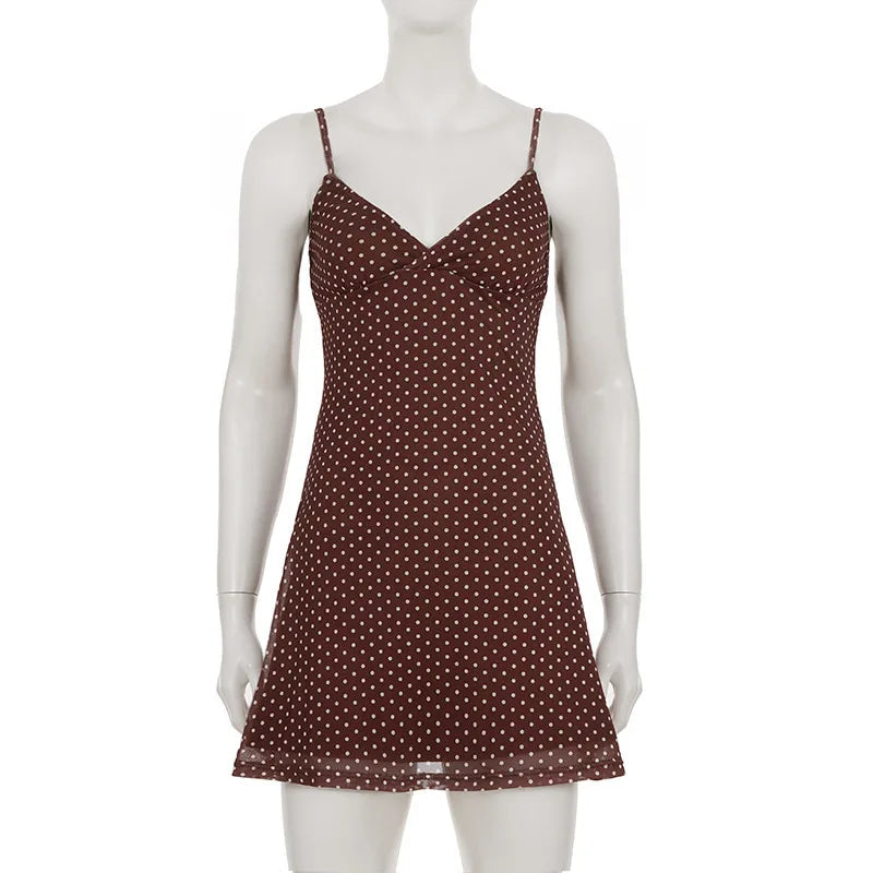 Sexy Polka Dot Print Nightgown Contrasting Color V-neck Y2k Slim Fit Dress Summer Hot Girl Backless Camisole Dress Summer Dress