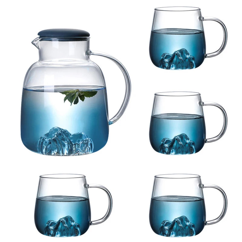 1800ml Glass Cold Water bottle With Handle Fruit Tea Cup Kettle Mountain Design High temperature heatable Jug Gradient Color