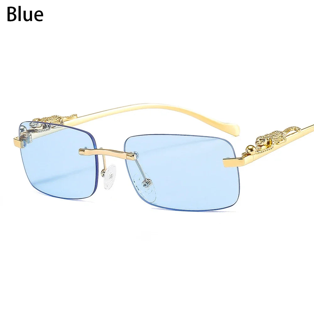Unisex Luxury Rimless Square Sunglasses - Brand Designer Leopard Head Metal Shade Eyewear Travel Driving