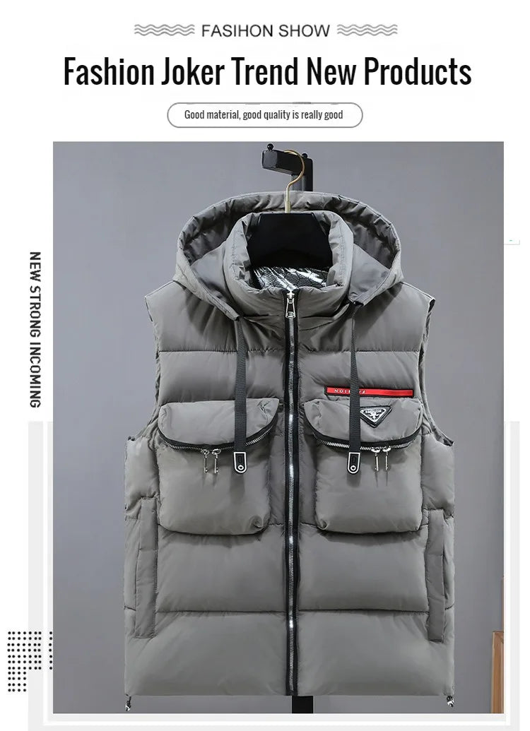 New in Padded Vest Men Winter Hooded Zip-up Turtleneck Sleeveless Jacket Male Cotton Down Autumn Warm Pocket Work Wear Waistcoat