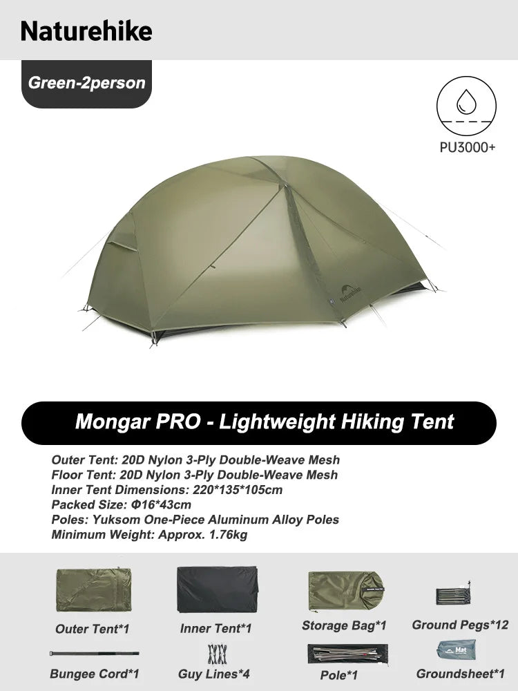Naturehike Mongar Tent Camping Tent 2 Person Ultralight Professional Waterproof & Windproof Backpack Tent 20D Nylon Travel Tent