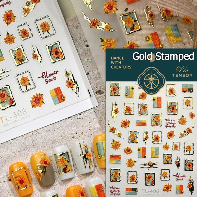 Gold Stamped Frame Oil Painting Style Sunflowers Metal Bead 3D Self Adhesive Nail Art Stickers Autumn Manicure Decals Wholesale