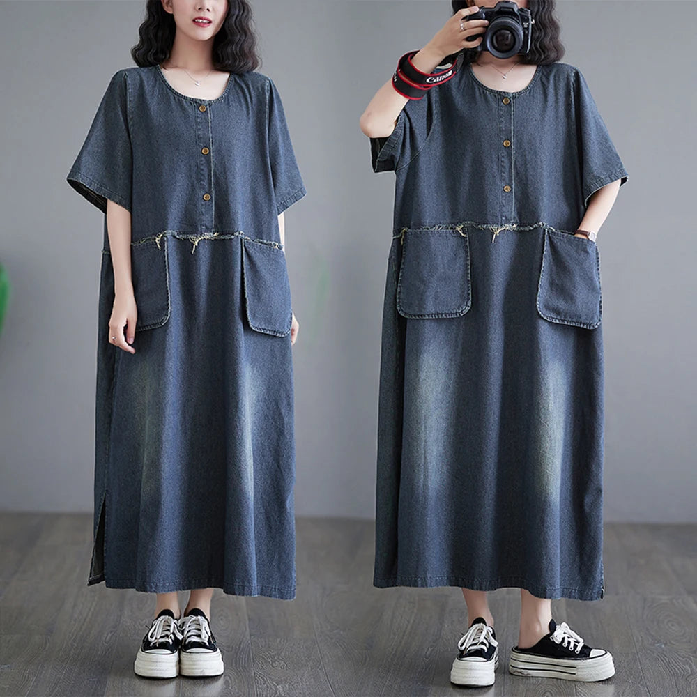 NYFS 2025 Summer New Woman Denim Dress Vestidos Robe Elbise Loose Plus Size Long Sleeve Pocket Slit Jeans Long Dress