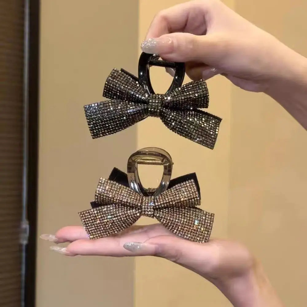 New Bow Hair Clip Simple Elegant Romantic Full Diamond Bow 8CM High Ponytail Shark Clip Hair Accessories Diamond Bow Headwear