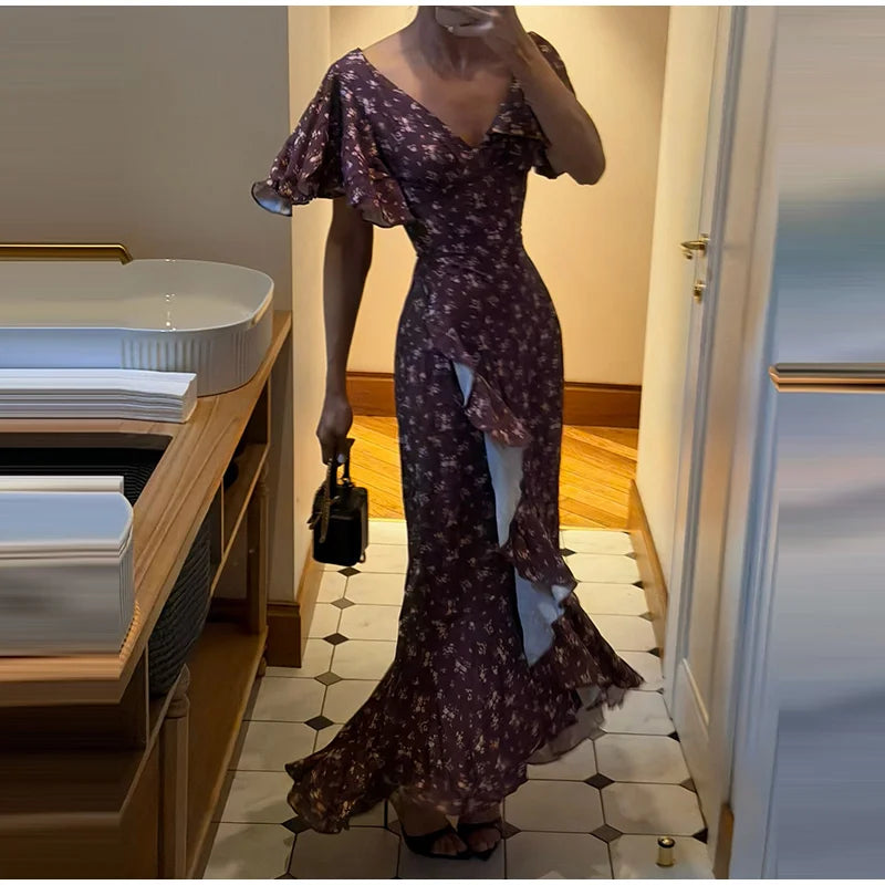 Elegant Women's Printed Lotus Leaf Long Dress Slim High Waist V-neck Short Flared Sleeve Backless Slit Dresses 2026 Summer Robe