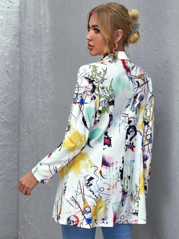 Vintage Graffiti Printing Blazer Women Jacket High Street Fashion 2021 New Spring Plus Size Elegant Lady Coat American Stylish