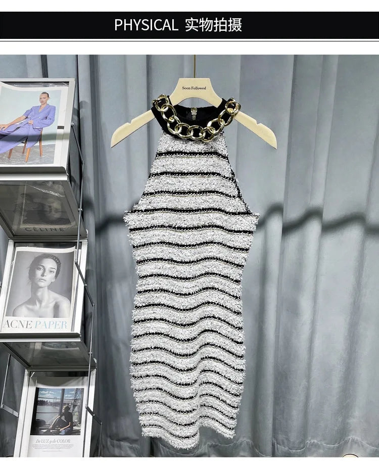 HIGH STREET Newest 2026 Designer Fashion Halter Neck Metal Chain Sleeveless Knit Striped Dress