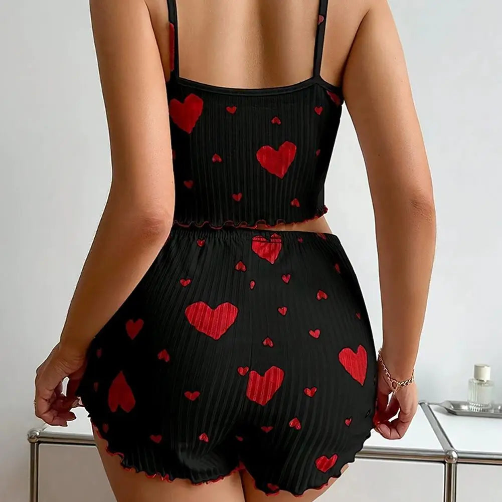 Women 2pcs Pajama Set Spaghetti Strap Ruffle Trim Round Neck Sleeveless Cami & Shorts Spring Summer Fall Coquette Bow Print ﻿
