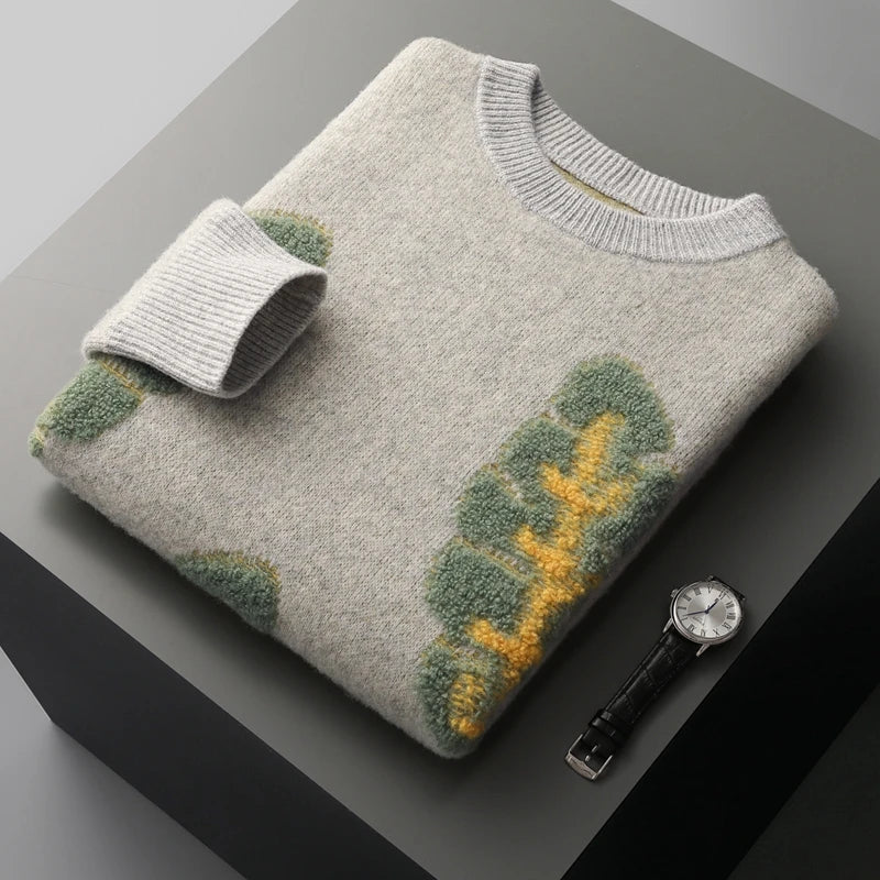 Jacquard Autumn Winter New Cashmere Sweater Men's Round Neck Pullover 100% Merino Wool Knitted Casual Fashion Retro Thicken Top