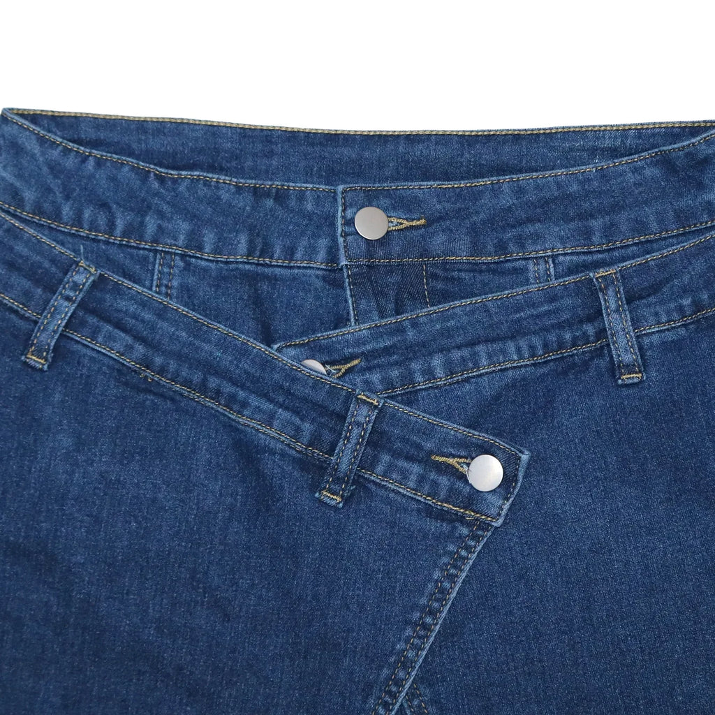Vintage Washed Denim Wide Leg Pants Women Asymmetrical Wrap Overlap High Waist Y2K Streetwear Casual  Fashion Baggy Jeans