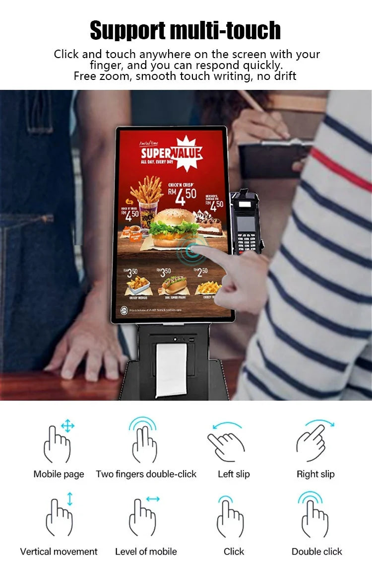 Desktop vertical 15.6 21.5 touchscreen POS end point self checkout kiosk with printer QR code scanner