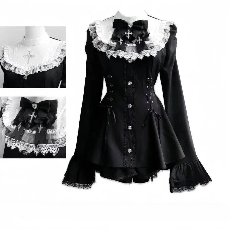 Gothic Lolita Two Piece Set with Bow, Y2K Aesthetic Flare Sleeve Mini Dress, Japanese Punk Style Party Co-ord Outfit