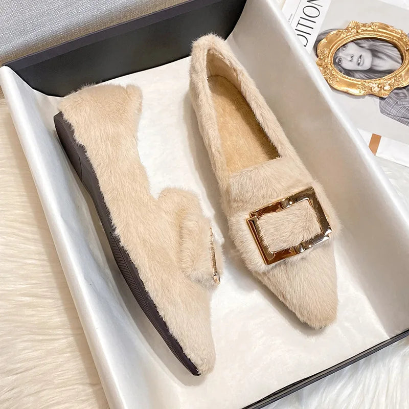 Flats Shoes for Women 2024 New Autumn Pointed Flat Mink Fur Winter Shoes Velvet Women's Loafers Ladies Shoes Plus Size 41 42 43