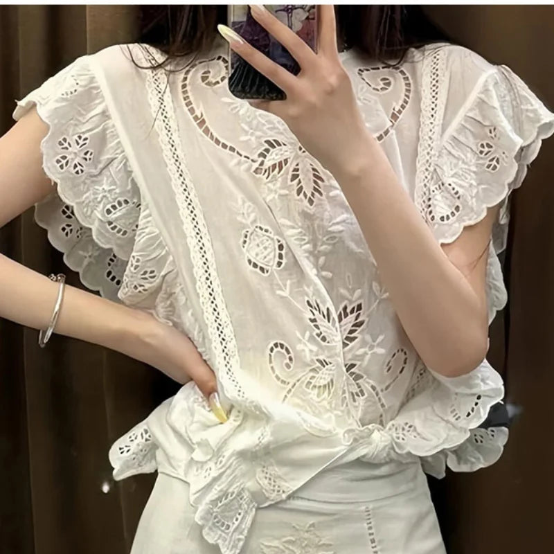Fashion Openwork Embroidery Solid Women's Top Sleeveless Waist Cinching Tops Chic 2026 Summer New High Street Wear Lady Clothing