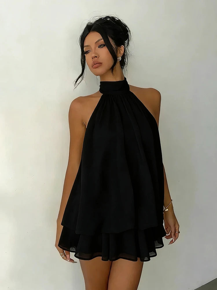 Women Halter Neck Backless Tie Mini Dress Summer Sleeveless Chiffon Ruffle Short Dresses Sexy Club Party Beach Vacation Outfit