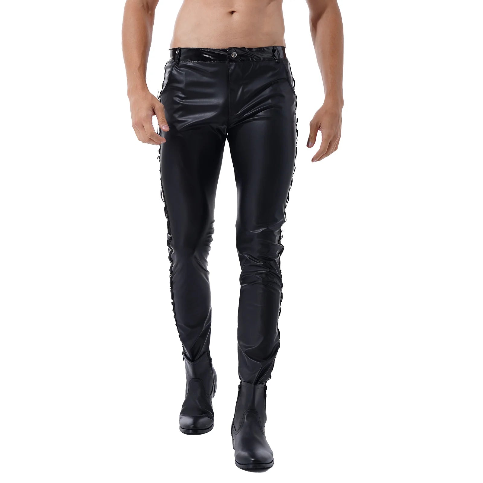 Men Latex Leather Pants Low Waist Faux Leather Shiny Pants Fashion Tight Trousers for Club Stage Show Rock Band Performance