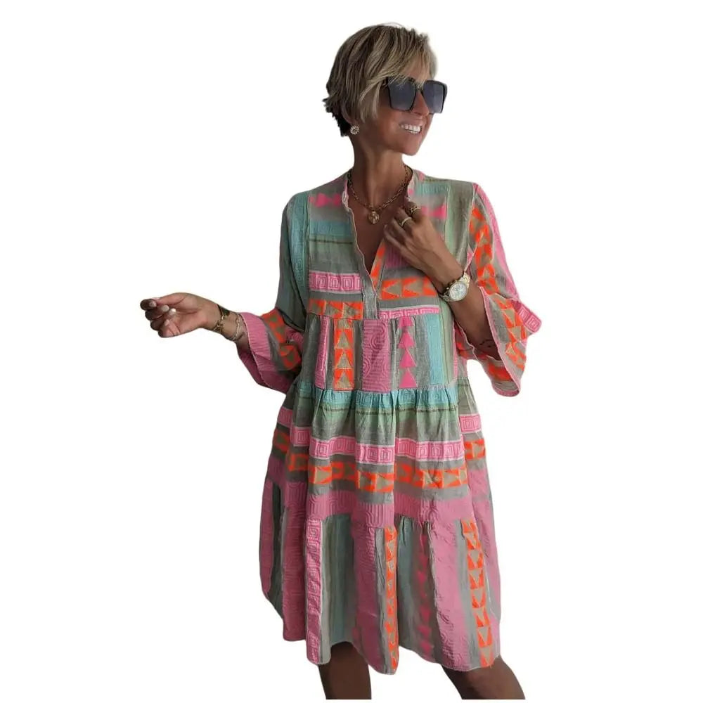 New Knee Length Printed Dress Loose Fit Breathable V-Neck Dress Comfortable Printed Design Pullover Dress Summer Season