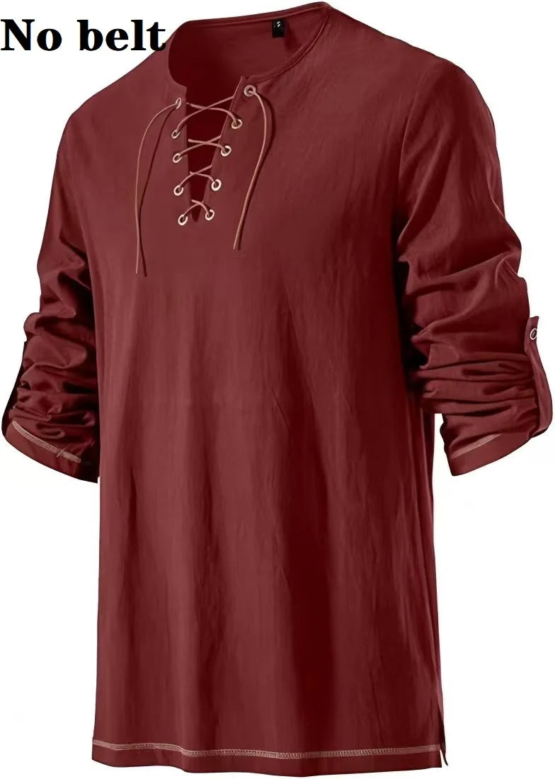 Men Medieval Lace Up Linen Long Sleeve Tunic Viking Pirate Renaissance Cosplay Shirt With Vintage Embossed Leather Belt