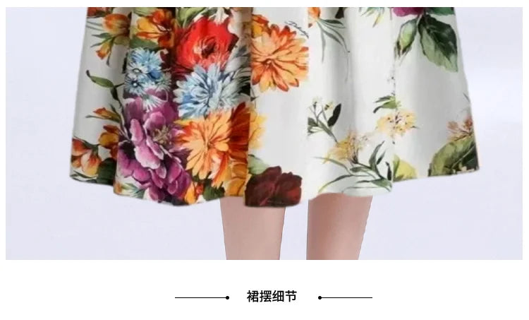 Summer Runway Holiday Flower Shirt Dress Women's Notched V-Neck Short Sleeve Single Breasted A-Line Pleated Midi Vestidos