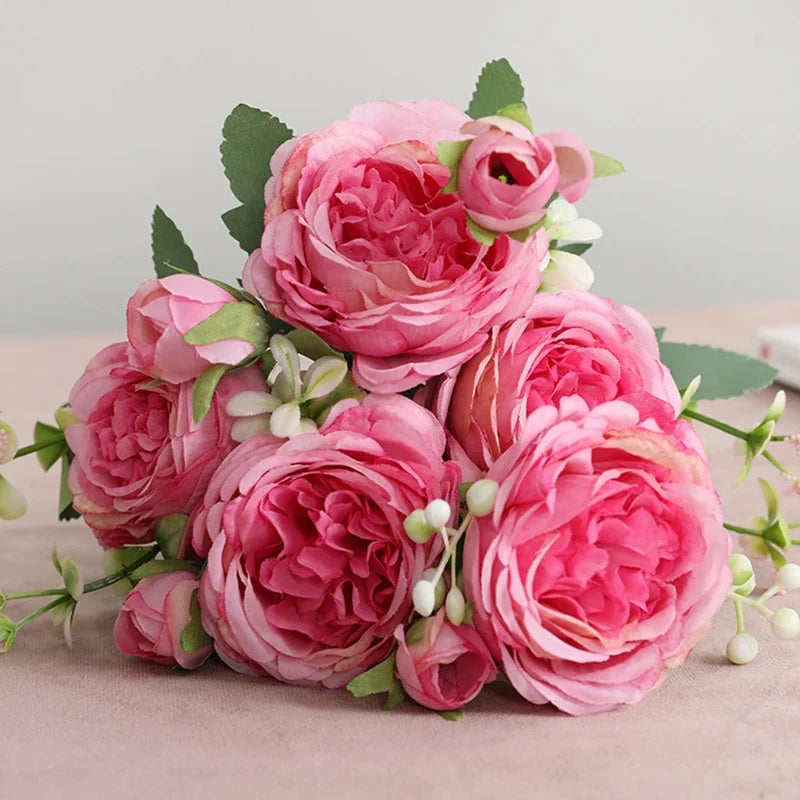 30cm Rose Pink Silk Peony Artificial Flowers Bouquet 5 Big Head and 4 Bud Cheap Fake Flowers for Home Wedding Decoration indoor