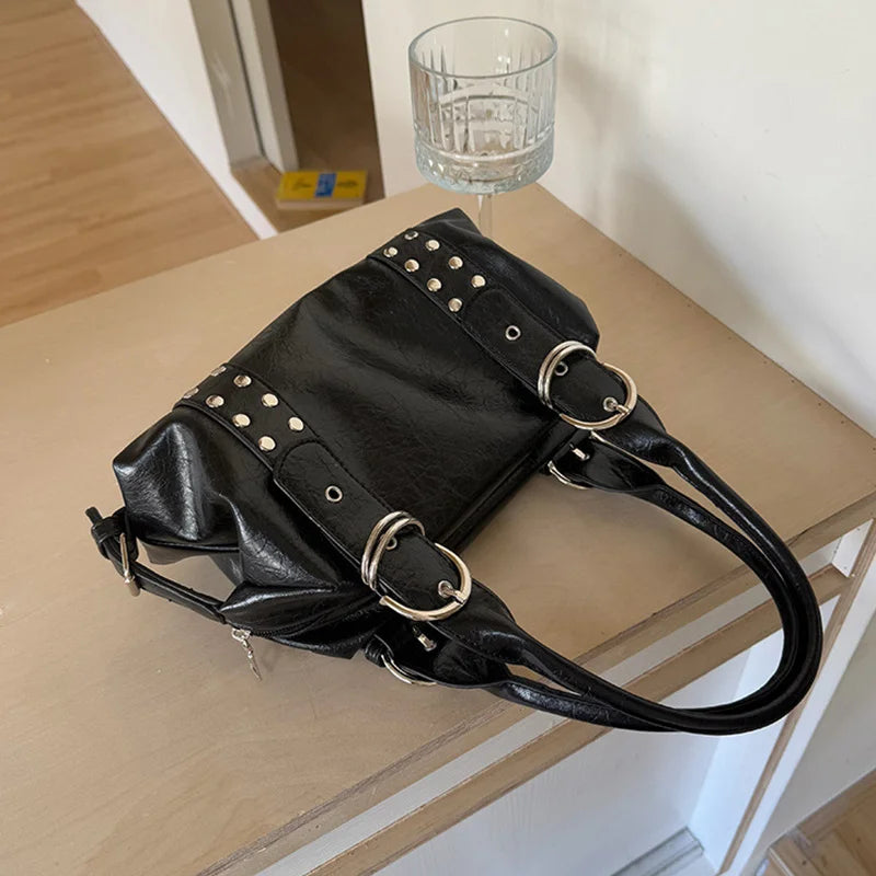 Vintage Style PU Leather Women Shoulder Bag Large Capacity High Quality Fashion Rivet Handbag Daily Use Y2K Motorcycle Bag