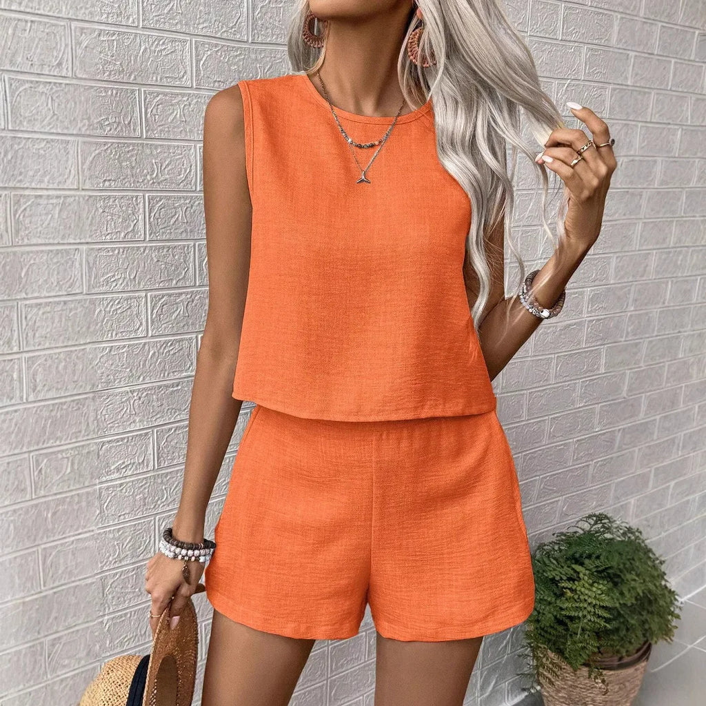 2026 Summer Women Solid Color 2Pcs Set Sleeveless Top Shorts Minimalist Casual Streetwear Loose Daily Vacation Outfit