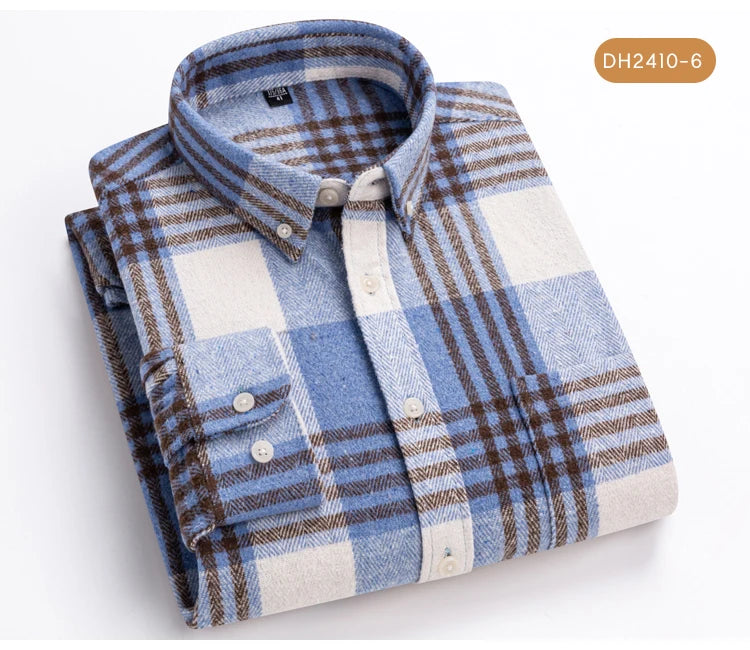 Men's Long Sleeve Flannel Plaid Shirt - Soft Pure Cotton, Button Down Shirts Thick Autumn Winter - Weekend Casual, Going Out