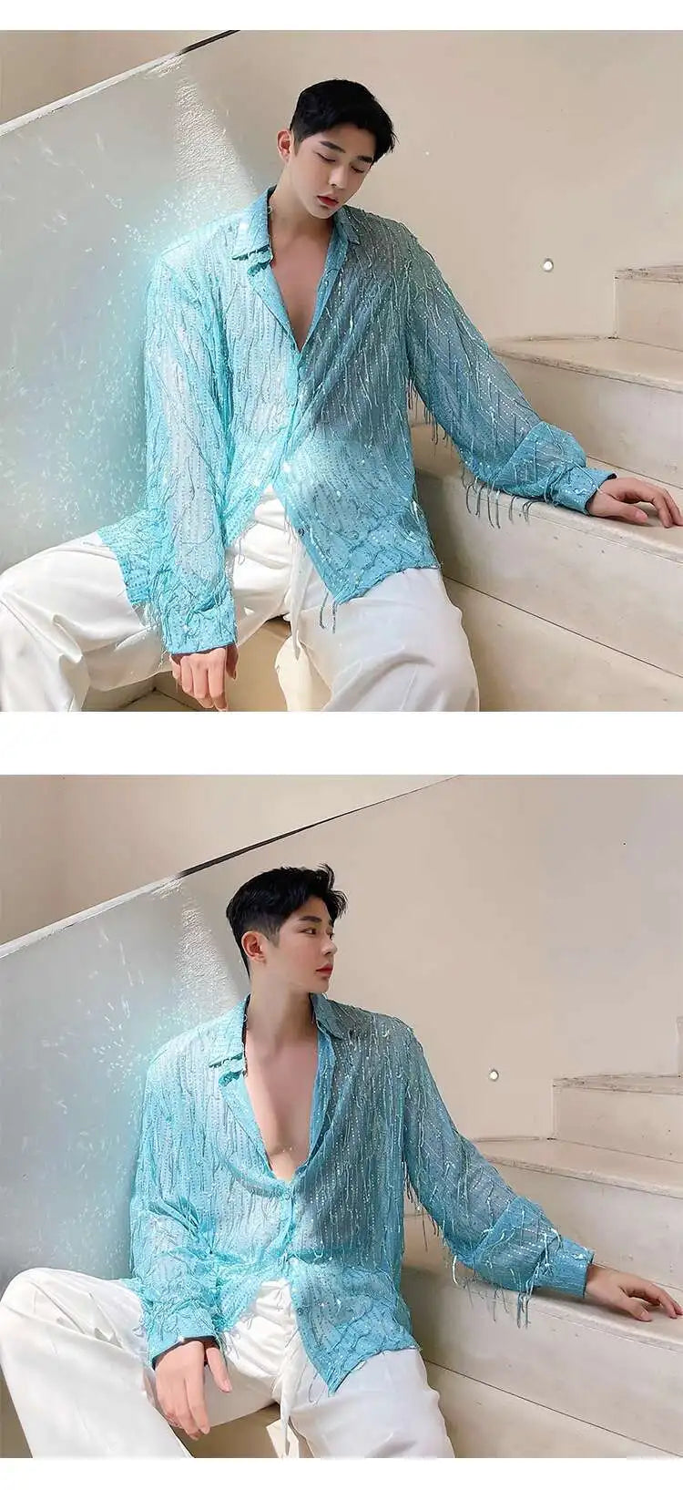 IEFB Spring Summer Men's Shirt Long Sleeve New Irregular Sequin Tassel Shirts Niche Streetwear Korean Style Male Top Tide 9Y7232