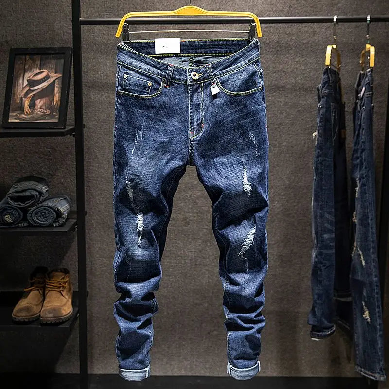 Elastic Fashion Jeans Men Ripped Vintage Slim Denim Pants Hip Hop Distressed Frayed Fashion Men's Clothing Pants