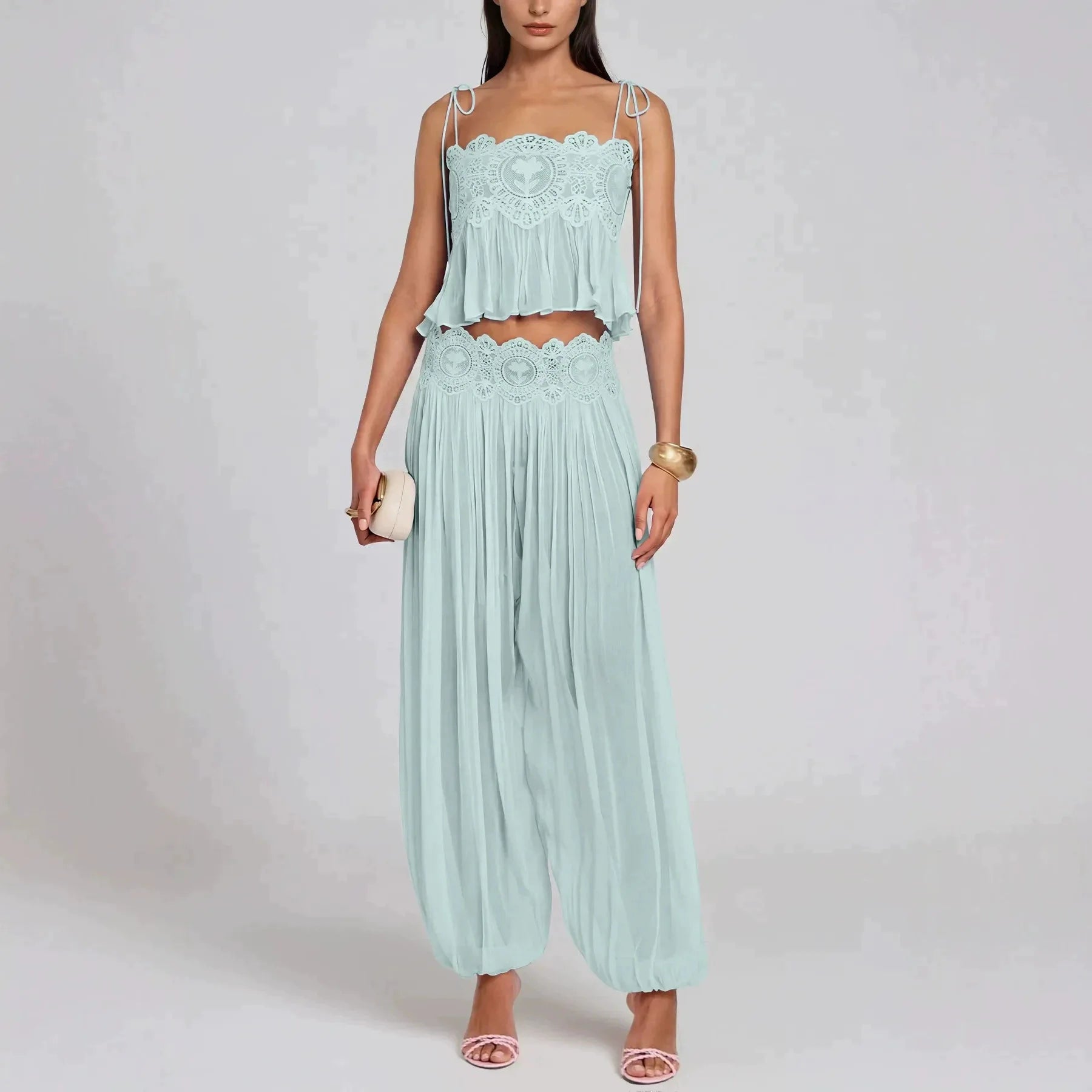 Women Pink Lace Double Strap Crop Top Two Piece Set Boho Sleeveless Flowy Matching Outfit 2026 Seaside Vacation Casual Outfits