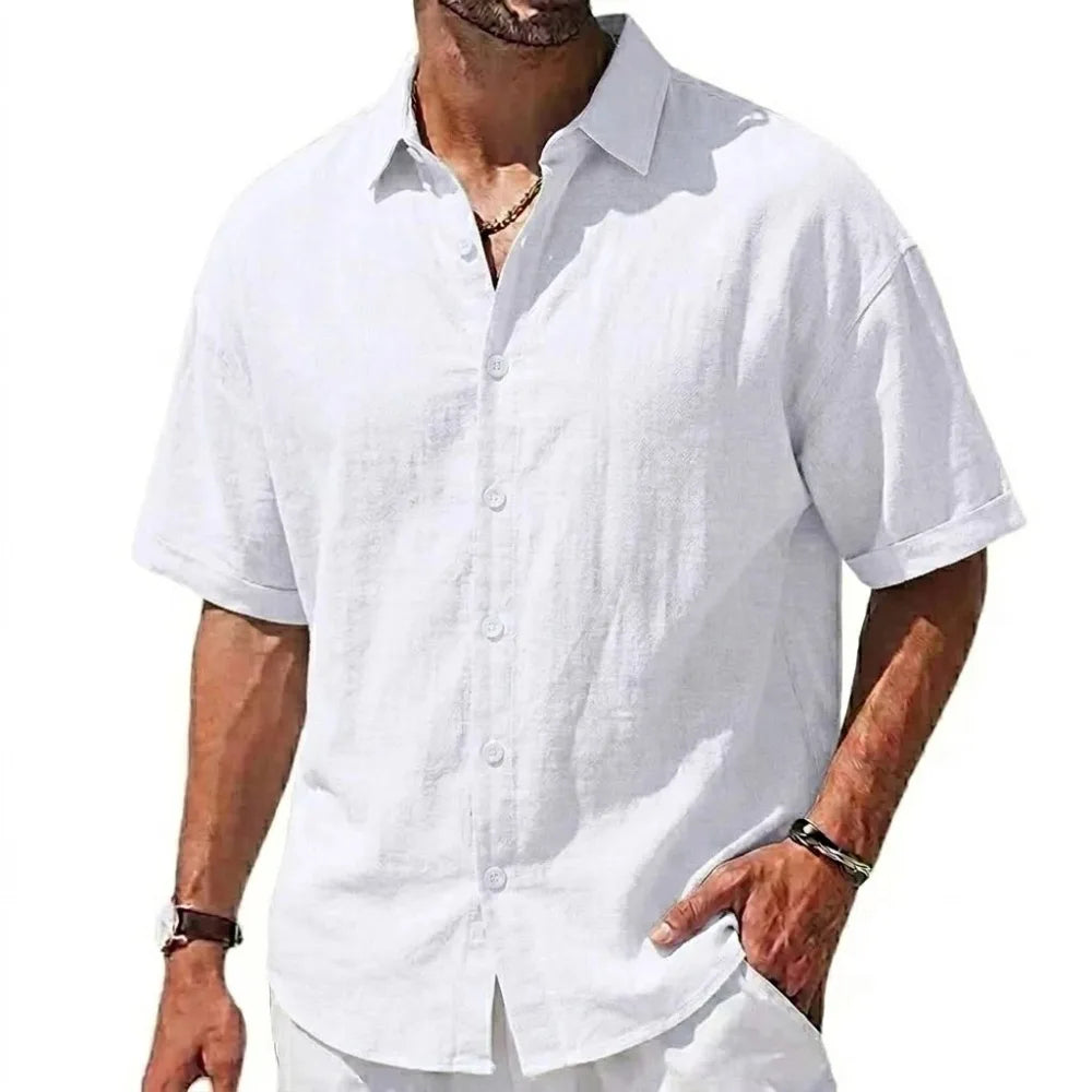 Summer Short Sleeve Shirts Men's Casual Linen T-shirts Men Cotton Lapel Shirts Male Beach Hawaiian Shirt Man Summer Gym Tshirts