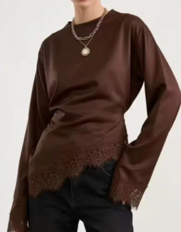 Elegant Satin Lace Patchwork Top Women Casual O-neck Loose Long Sleeves Strappy Female Shirt 2026 Spring Lady Fashion T-shirt
