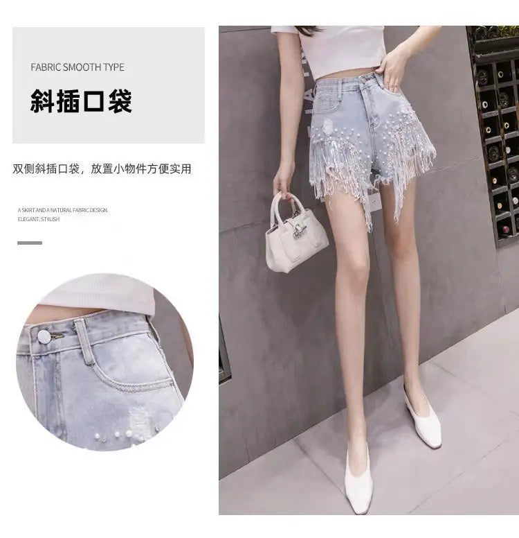 2026 Summer New Personalized Denim Shorts for women's High waisted Diamond Studded Heavy industry Sequin Tassel Fashion Shorts