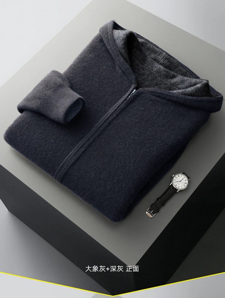 New Men's 100% Merino Wool Double Sided Wearable Hooded Sweater Casual Autumn Winter Coat Long Sleeved Men's Wool Sweater Tops