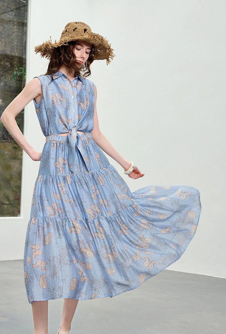 TOYOUTH Women Dress 2026 Summer New Blue Paisley Print Vintage Tank High Waist Tiered Cake Trendy Dresses
