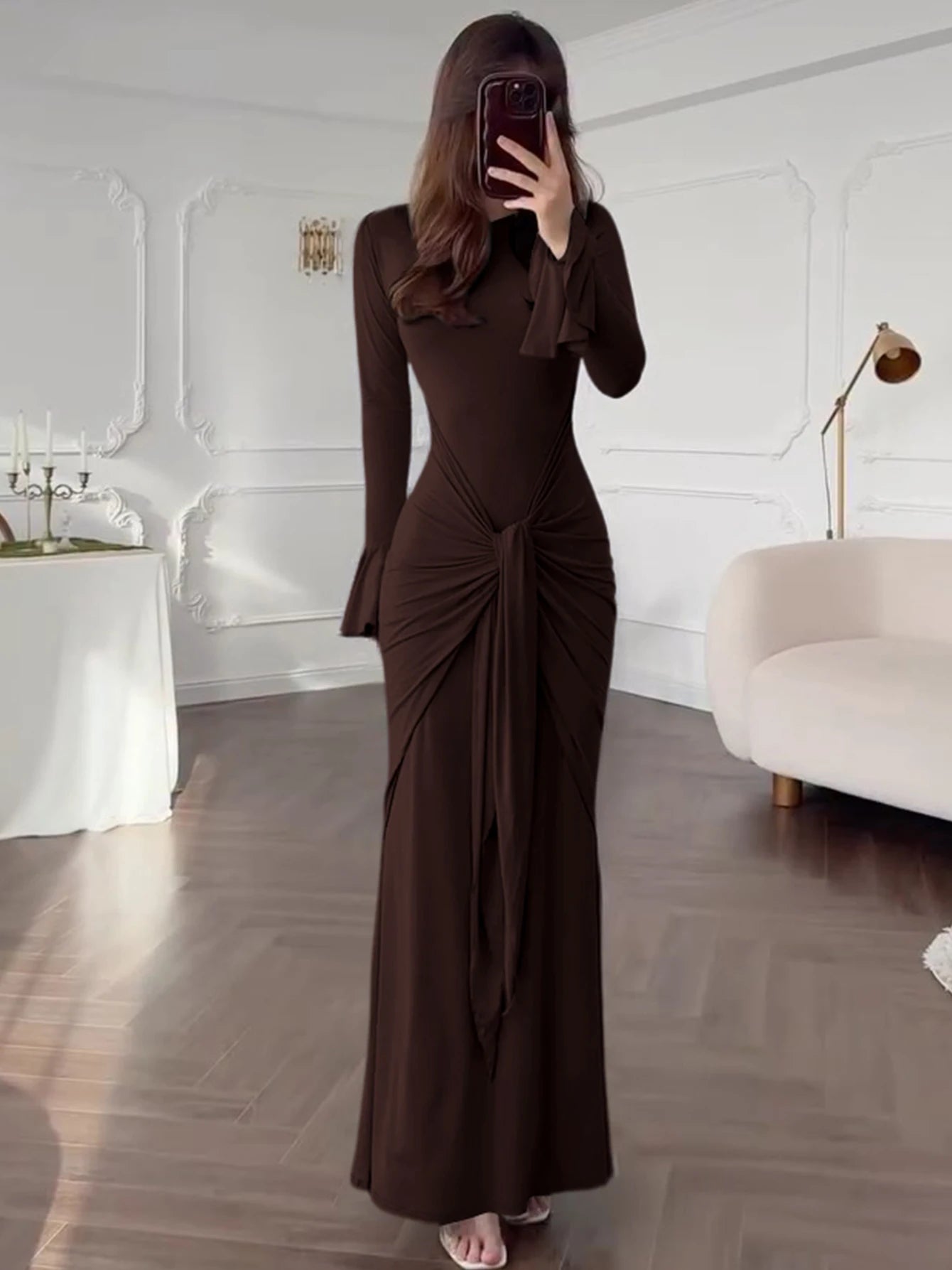 Dulzura O-Neck Long Flare Sleeve Ruched Lace Up Slim Long Dress Women'S Fashion Elegant Clothes Party Club Street Autumn Outfit