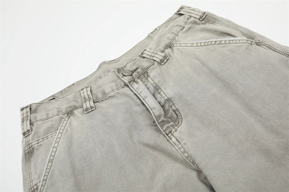 Multi-Pocket Cargo Jeans Mens Retro High Street Washed Distressed Straight Wide Leg Trousers Men