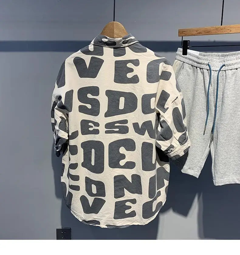 2024 Summer Trendy Men's Fashionable Lapel Full Body Letter Print High-end Versatile Casual Loose Oversized Short Sleeved Shirt
