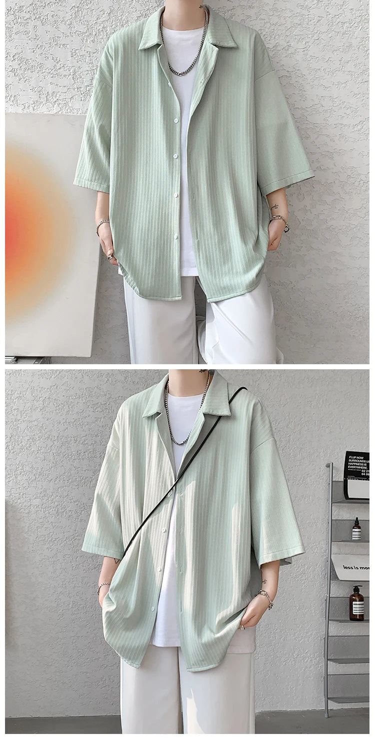 LEGIBLE Spring Summer Solid Shirts Men Casual Oversized Three Quarter Shirts Male Loose Fit Shirt for Man