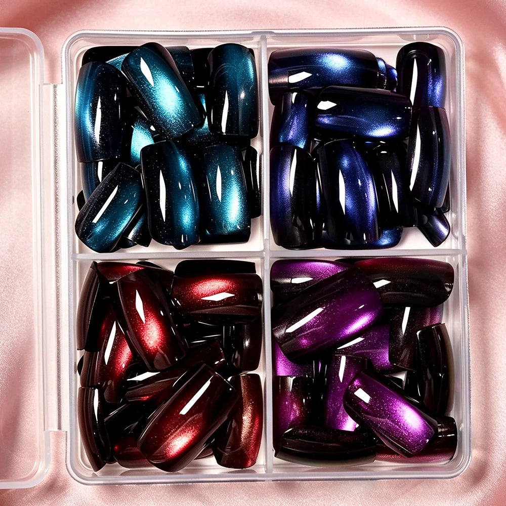 96pcs/box Short Square Cat Eye Press On Nails 4colors Glossy Glitter Cat Eye French Fake Nails Full Cover Acrylic Fake Nails Y2K