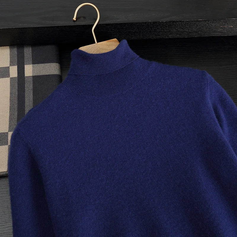 Autumn/Winter Men's 100% Cashmere Pullover Business Casual Solid Knitted Sweater Loose High Collar Tops Basic Thick Warm Jumper