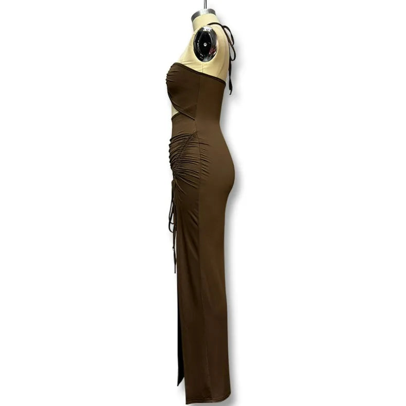 Solid Color Neck Hanging, Pleated High Slit Sexy Dress Birthday Party Dinner Party Sexy Elegant Fashionable Dress