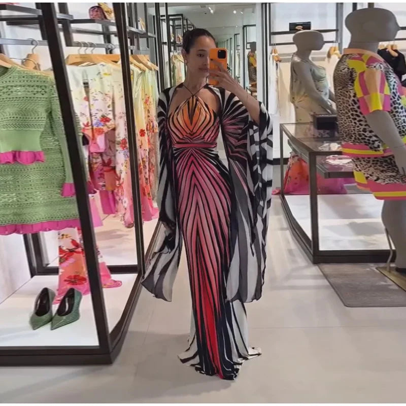Sexy Printed Women's Dress Wide Sleeve Backless Waist-Closed Hip Package Lady Long Dresses 2026 Summer Autumn Chic Female Robe