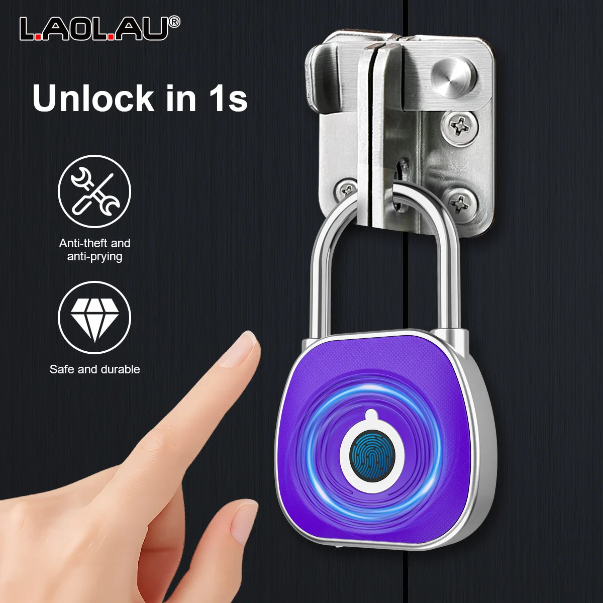 Fingerprint Smart Padlock Keyless Biometric Lock Waterproof USB Rechargeable 0.5s Unlock 20 Fingerprints, Cabinet Luggage Door