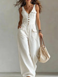 Retro Solid V Neck Camisole Playsuit Summer Streetwear High Waist Denim Jumpsuit Fashion Sleeveless Button Wide Leg Pants Romper
