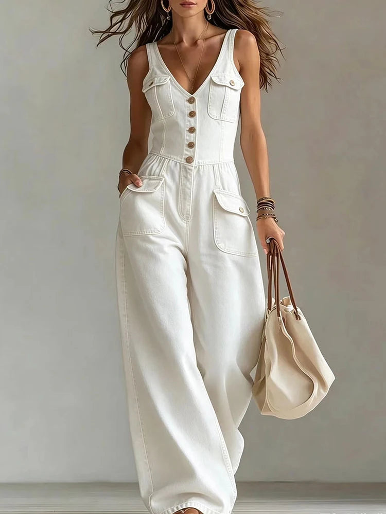 Retro Solid V Neck Camisole Playsuit Summer Streetwear High Waist Denim Jumpsuit Fashion Sleeveless Button Wide Leg Pants Romper